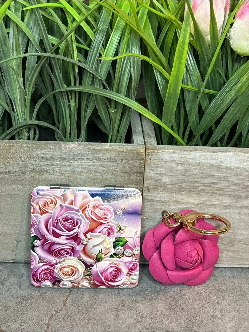 Pink Rose Key & Card Holder Set with Floral Compact and Rose Keyring